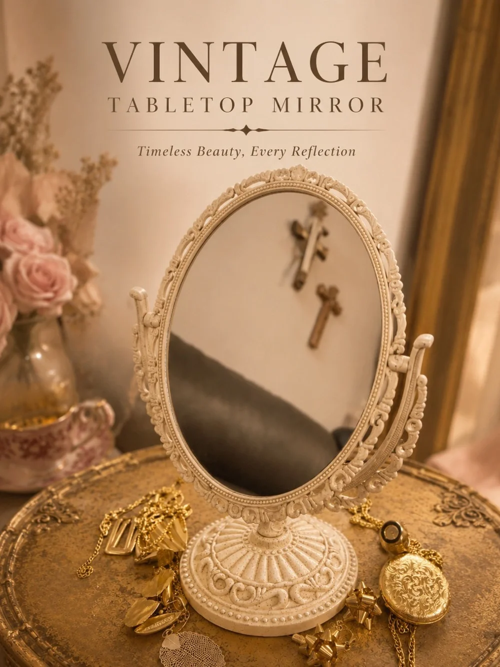 Ivory Oval Vanity Mirror 360 Swivel Tabletop Makeup Mirror | Home & Travel Ready